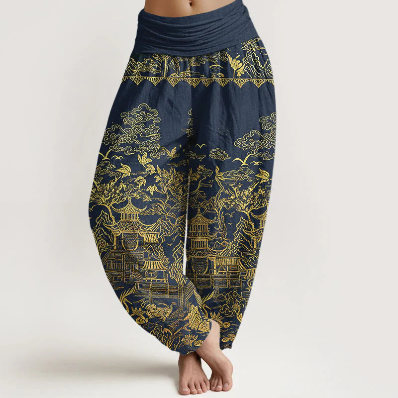 Buddha Stones Cotton Classical Architecture Landscape Animal Auspicious Clouds Pattern Women's Elastic Waist Harem Pants