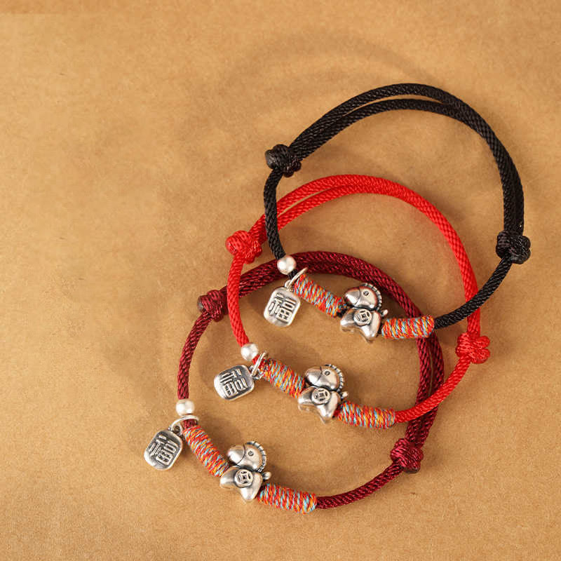 Buddha Stones 999 Sterling Silver Year Of The Horse Fu Character Charm String Braided Luck Bracelet