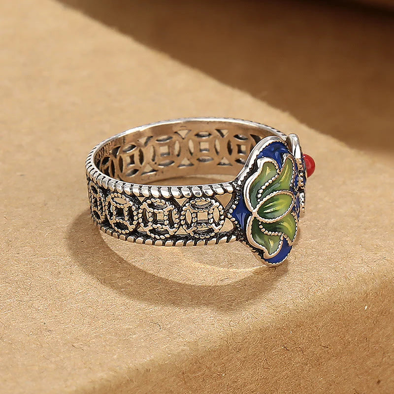 Buddha Stones Lotus Flower Copper Coins Ruyi Handle Pattern Enlightenment Adjustable Ring