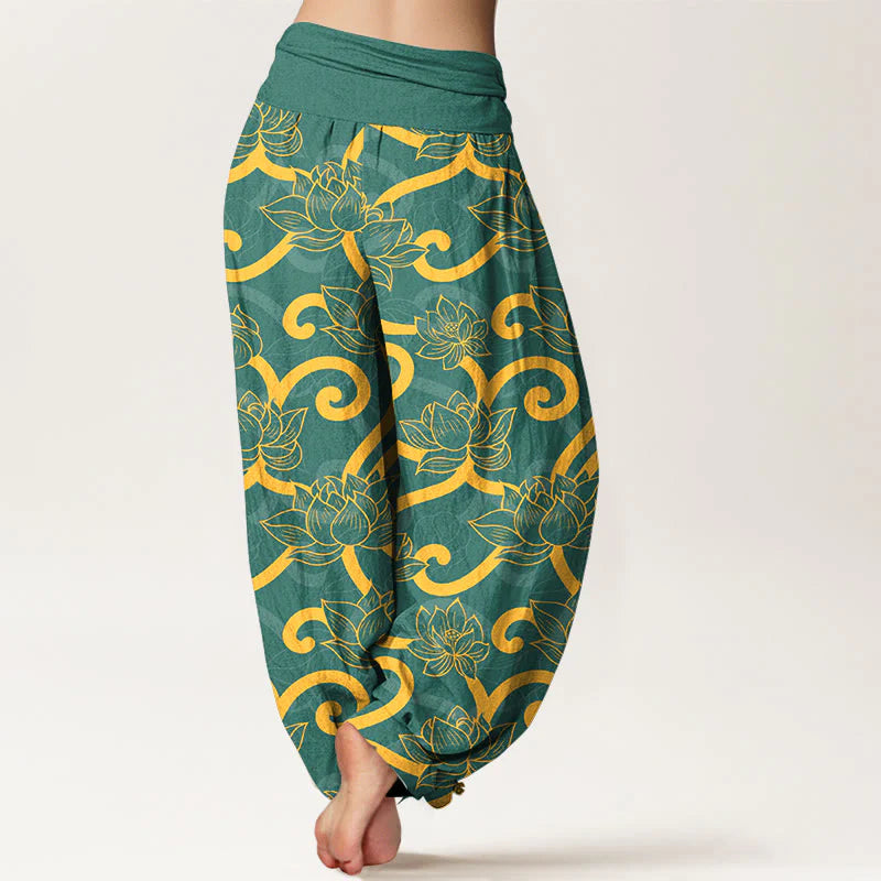 Buddha Stones Pure Cotton Elegant Gorgeous Lotus Scroll Pattern Women's Elastic Waist Harem Pants