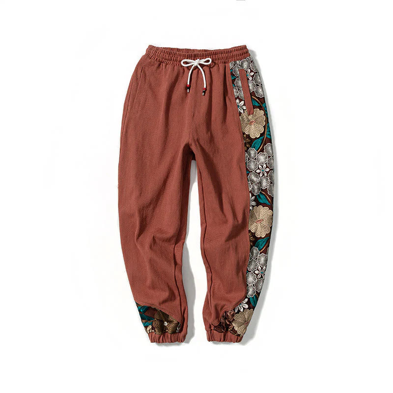 Buddha Stones Spring Men's Embroidered Flower Pattern Patchwork Cotton Pants With Pockets