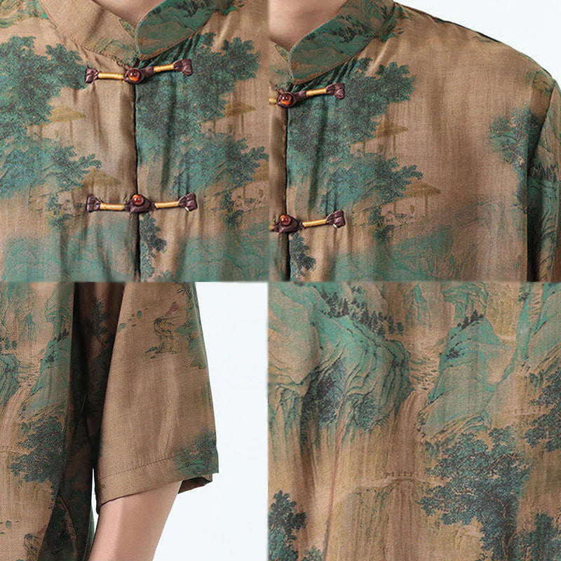 Buddha Stones Dragon Auspicious Clouds Green Mountains Chinese Frog-Button Men's Half Sleeve Cotton Linen Shirt