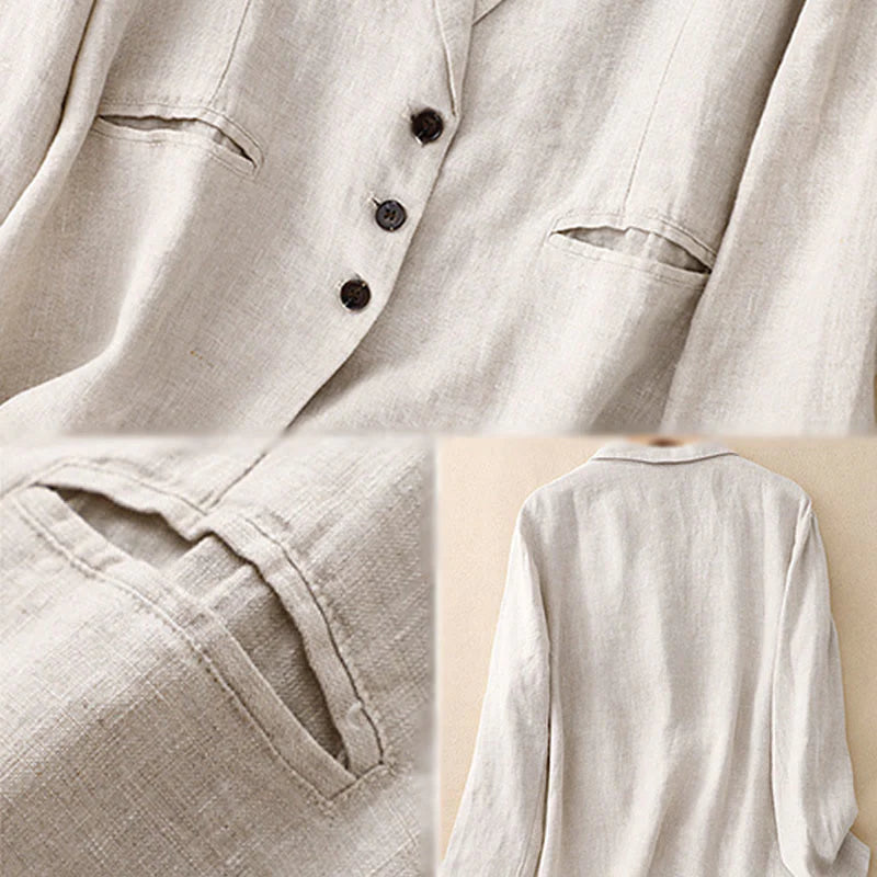 Buddha Stones Commute Retro Pure Color Lapel Cotton Linen Women's Jacket With Pockets