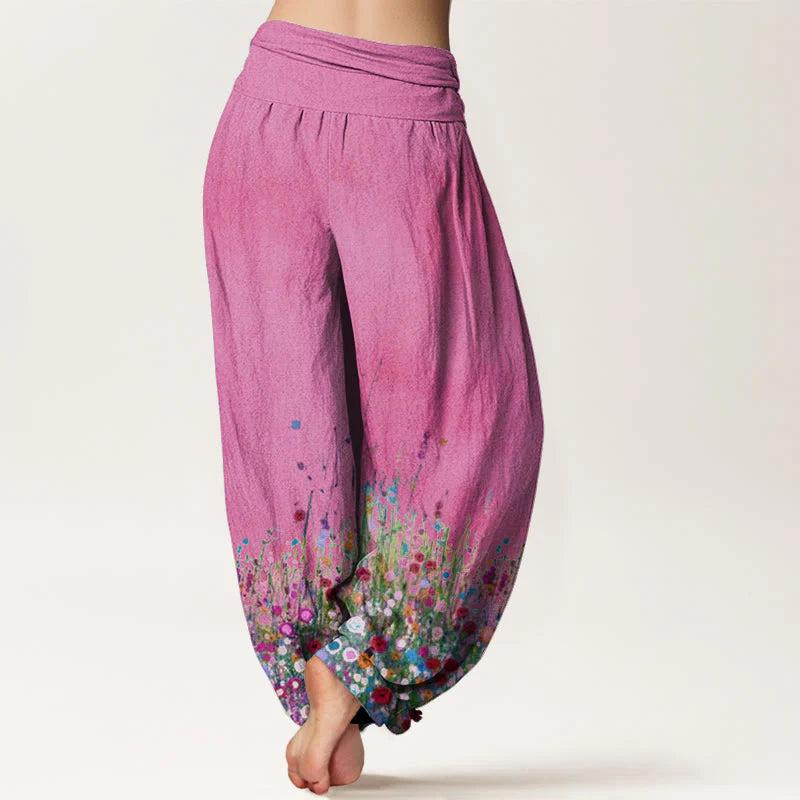 Buddha Stones Cotton Casual Colorful Wildflower Field Pattern Women's Elastic Waist Harem Pants