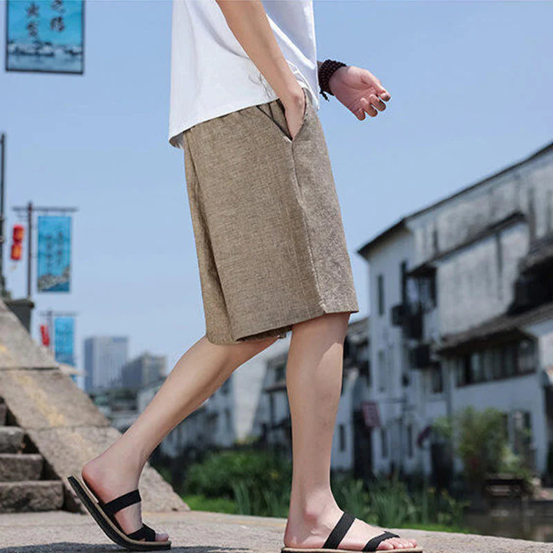 Buddha Stones Weaving Waist Rope Beads Cropped Linen Men's Shorts With Pockets