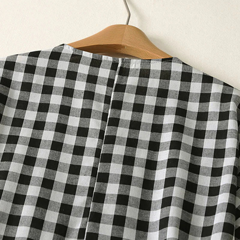 Buddha Stones Casual V-neck Short Sleeve Cotton Plaid Summer Midi Dress