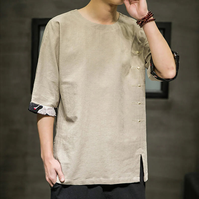 Buddha Stones Summer Retro Solid Color Patchwork Design Men's Three Quarter Sleeve Cotton Linen T-Shirt