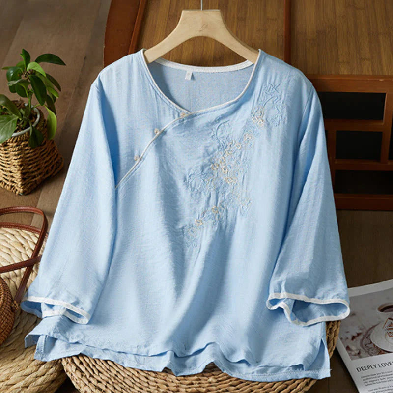 Buddha Stones Casual Women's Flowers Embroidery Pattern Frog-button Slanted Collar Design Three Quarter Sleeve Cotton Linen Shirt