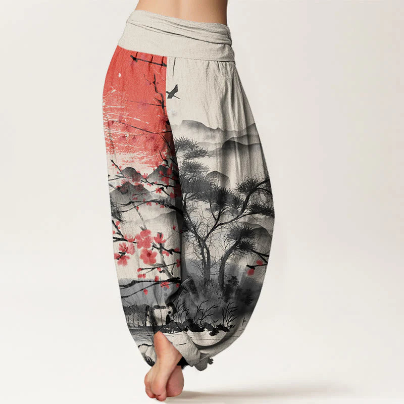 Buddha Stones Cotton Casual Red Plum Blossom Mountains Sun Pattern Women's Elastic Waist Harem Pants