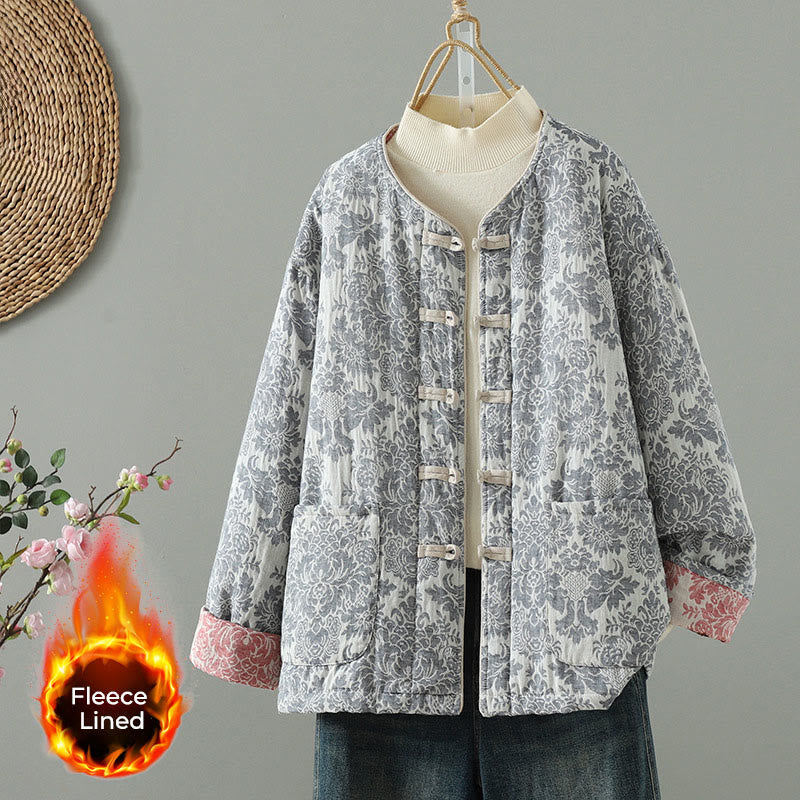 Buddha Stones Women's Peony Flowers Frog-Button Design Long Sleeve Thermal Jacket With Pockets