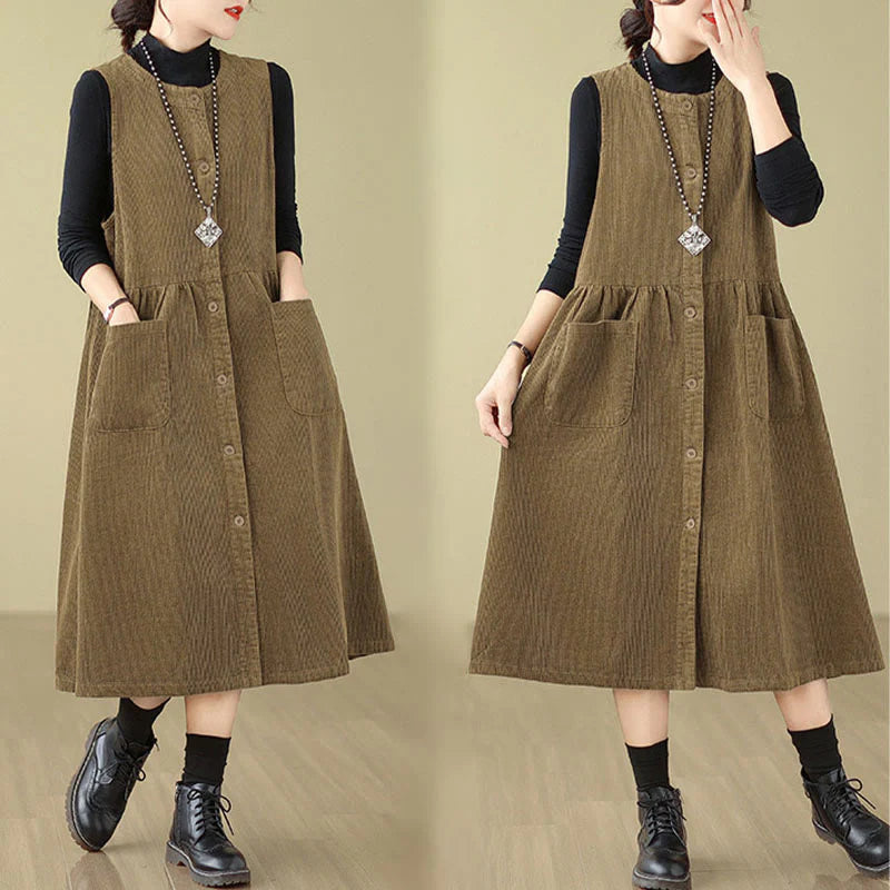Buddha Stones Fall Retro Buttons Design Corduroy Sleeveless Midi Dress With Pockets