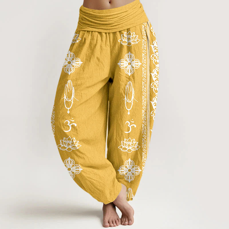 Buddha Stones Pure Cotton Lotus Flowers Double Dorje Vajra Namaste Om Design Women's Elastic Waist Harem Pants