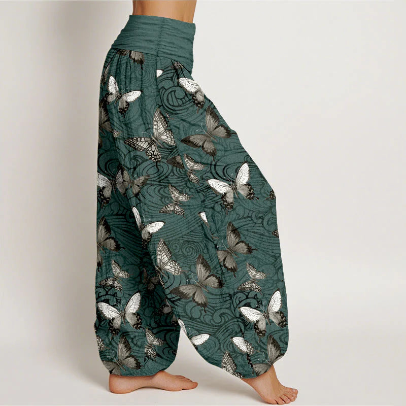 Buddha Stones Pure Cotton Gray Black Butterfly Striped Women's Elastic Waist Harem Pants