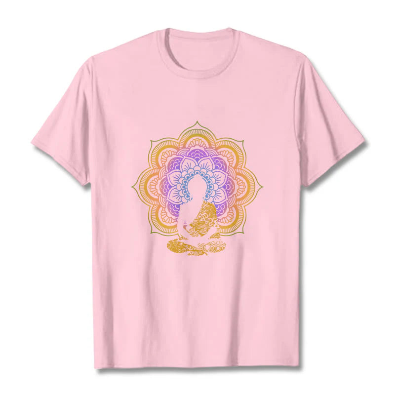 Buddha Stones Multicolor Mandala Flower Seated Buddha Pattern Tee T-shirt