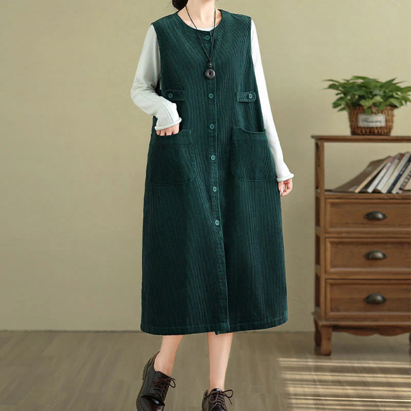 Buddha Stones Pure Colo Buttons Sleeveless Midi Dress With Pockets