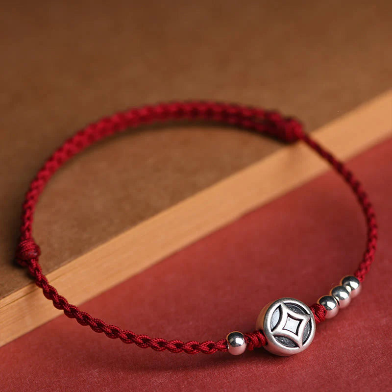 Buddha Stones 999 Sterling Silver Copper Coin Charm Handmade String Strength Bracelet Anklet