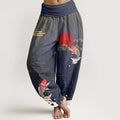 Buddha Stones Koi Fish Red Sun Waves Clouds Pattern Women's Elastic Waist Harem Pure Cotton Pants