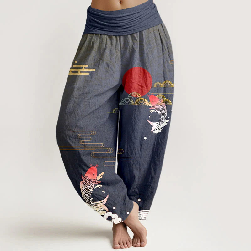 Buddha Stones Koi Fish Red Sun Waves Clouds Pattern Women's Elastic Waist Harem Pure Cotton Pants