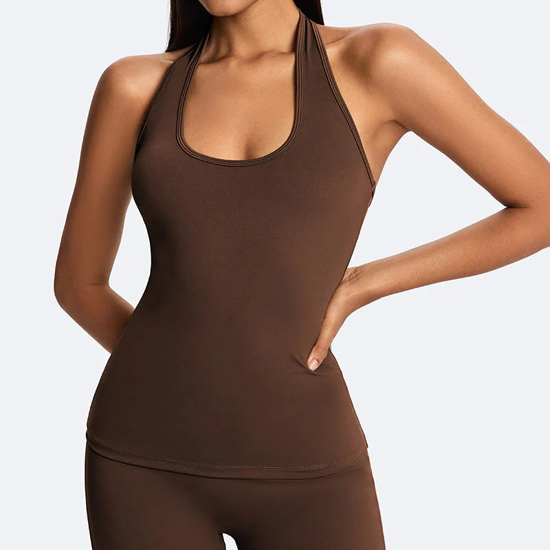 Buddha Stones Solid Crop Halter Backless Sleeveless Top Straight Leg Pants For Sports Fitness Yoga