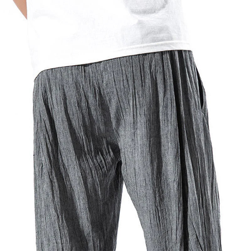Buddha Stones Casual Plain Pleated Design Drawstring Men's Long Cotton Linen Harem Pants With Pockets