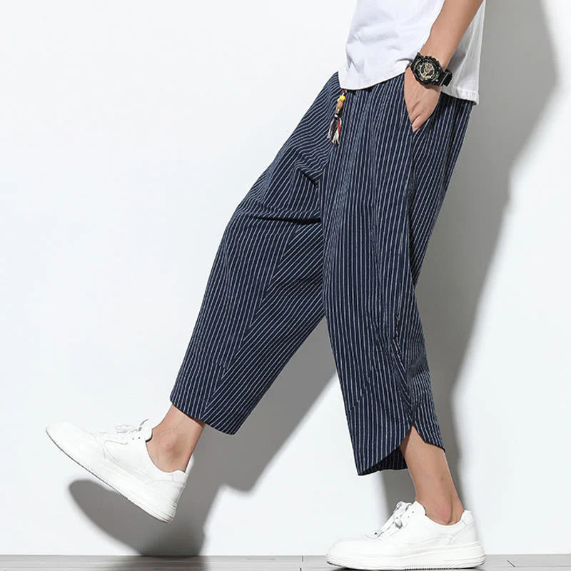 Buddha Stones Summer Stripes Pattern Drawstring Cotton Linen Men's 7-8 Length Harem Pants With Pockets