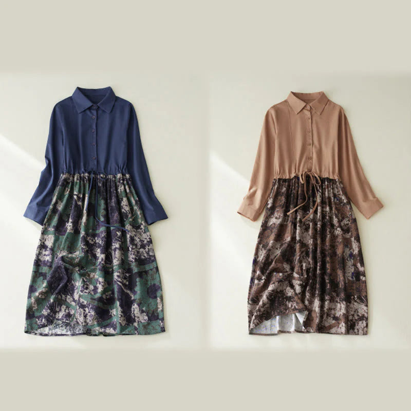 Buddha Stones Fall Printed Patchwork Design Drawstring Long Sleeve Linen Midi Dress With Pockets