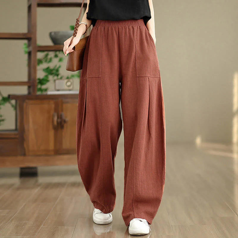 Buddha Stones Solid Color Cotton Linen Women's Straight Leg Pants With Pockets