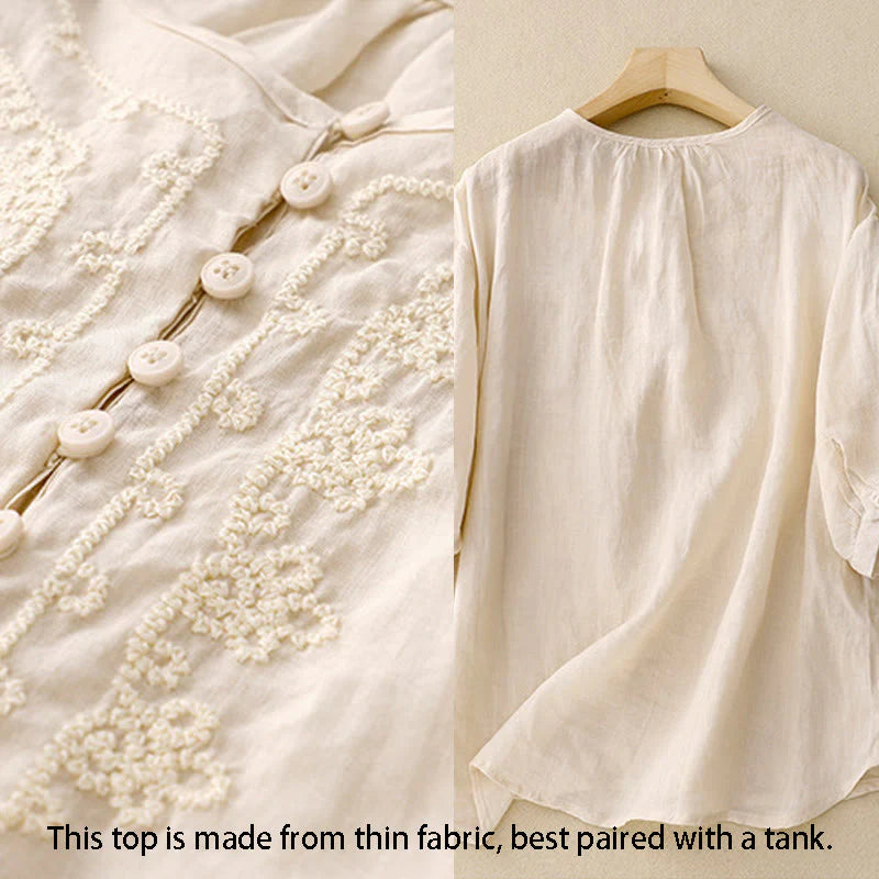 Buddha Stones Line Embroidery Button Crew Neck Half Sleeve Women's Cotton Shirt