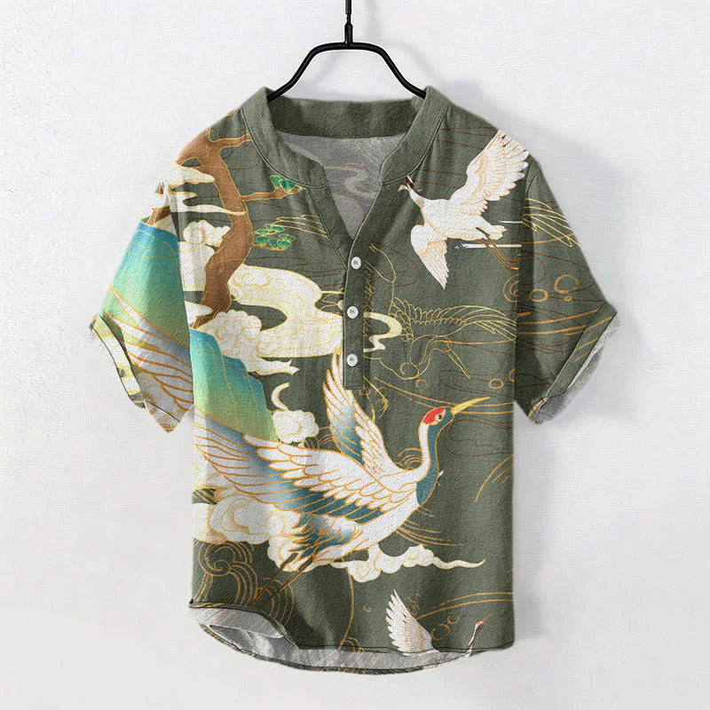 Buddha Stones Cotton Crane Auspicious Clouds Pine Pattern Men's Short Sleeve Half Button Shirt