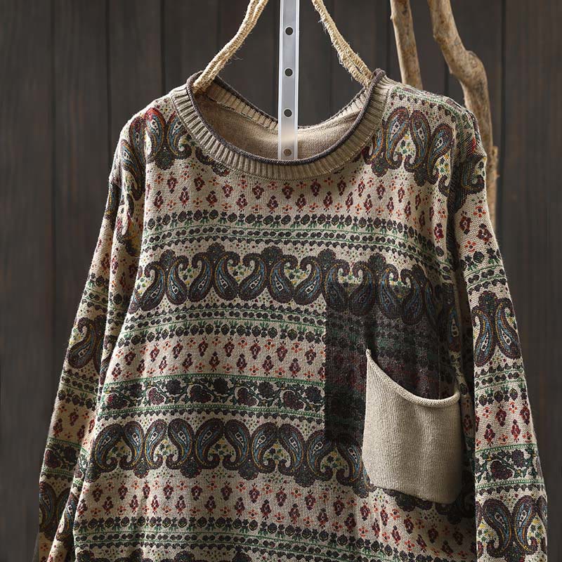 Buddha Stones Fall Plant Floral Pattern Crew Neck Long Sleeve Women's Cotton Sweater With Pocket