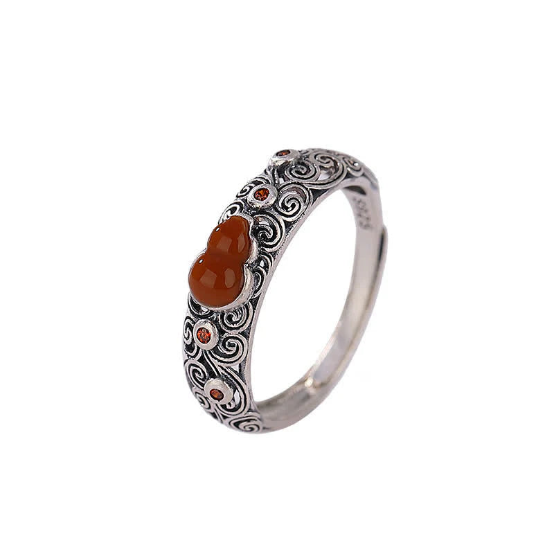 Buddha Stones 925 Sterling Silver Red Agate Cyan Jade Gourd Blessing Auspicious Ring