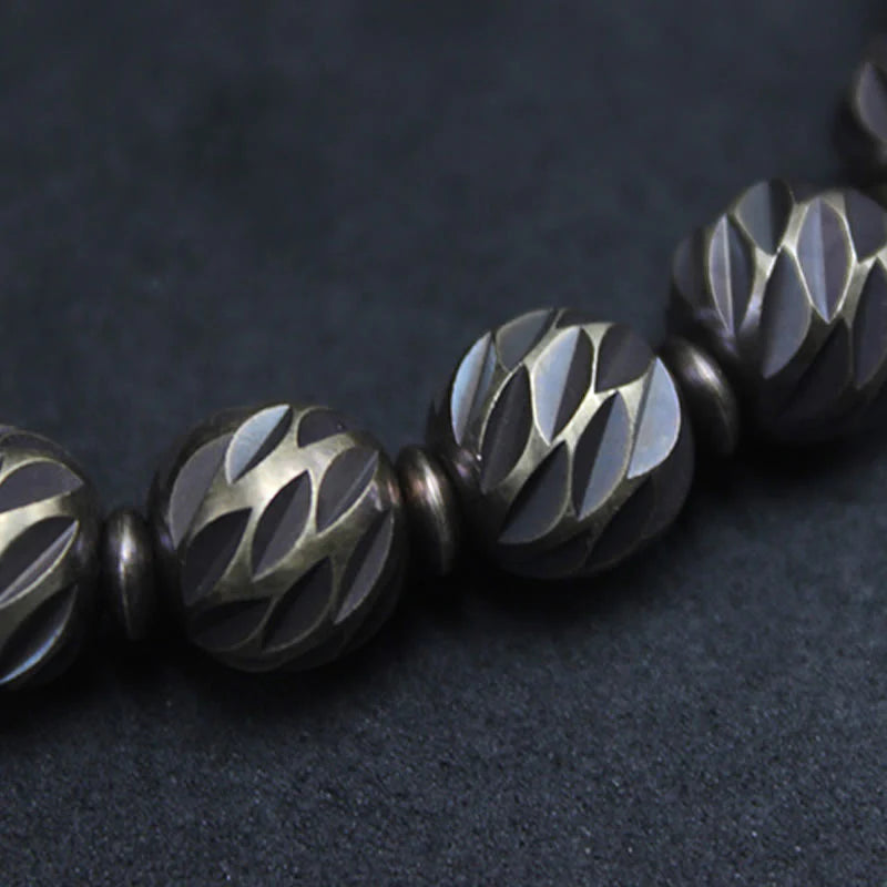 Buddha Stones Vintage Distressed Knife Carving Pattern Copper Brass Beads Wealth Bracelet