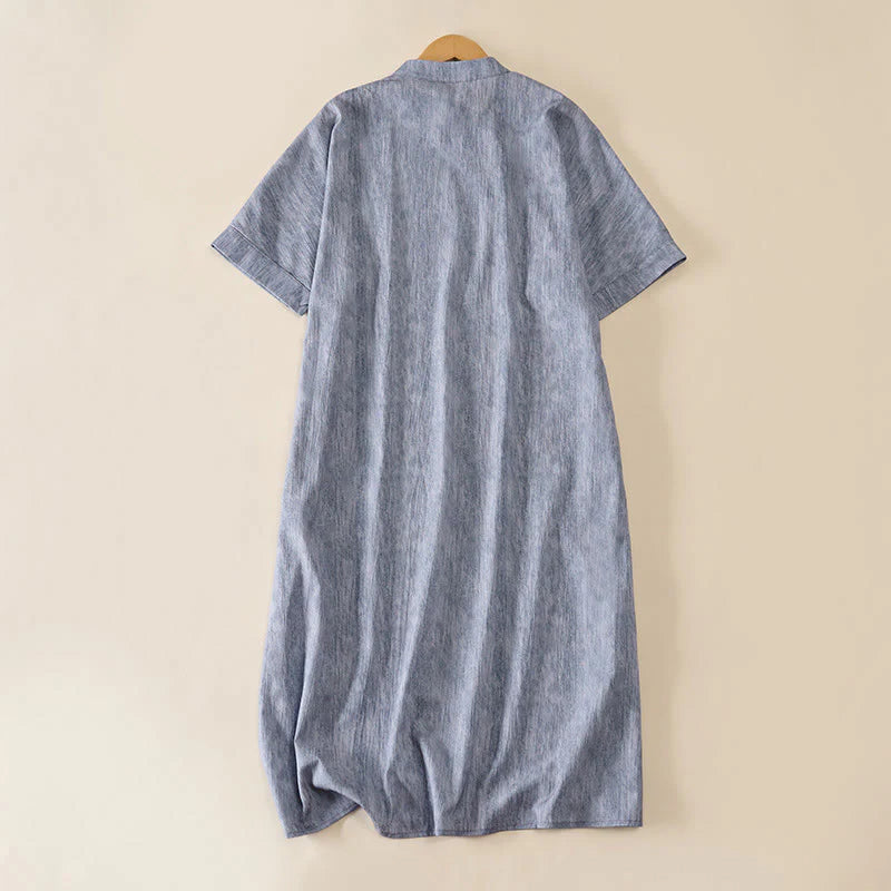 Buddha Stones Summer Crew Neck Plain Short Sleeve Below Knee Dress