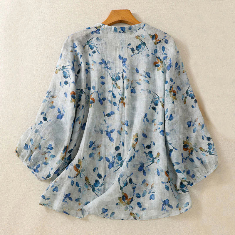 Buddha Stones Blue Floral V-Neck Three Quarter Sleeve Women's Cotton Shirt