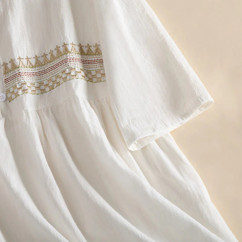 Buddha Stones Embroidery Geometry Half Sleeve Women's Midi Dress With Pockets