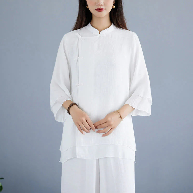 Buddha Stones 2Pcs Solid Color White Frog-Button Three Quarter Sleeve Shirt Wide Leg Pants Meditation Zen Clothing Women's Set
