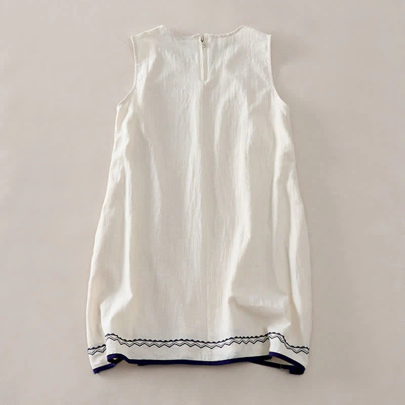 Buddha Stones Summer Embroidery Hem Back Zipper Design Sleeveless Solid Color Mini Dress With Pockets