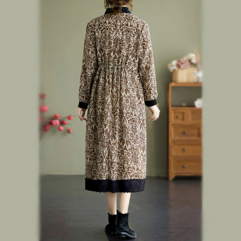 Buddha Stones Ethnic Printed Drawstring Long Sleeve Cotton Midi Dress With Pockets