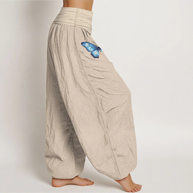 Buddha Stones Pure Cotton Dreamy Butterfly Lotus Pattern Women's Elastic Waist Harem Pants