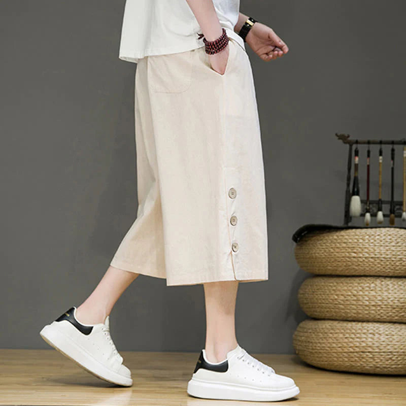 Buddha Stones Casual Plain Side Button Design Drawstring Men's Cotton Cropped Pants With Pockets