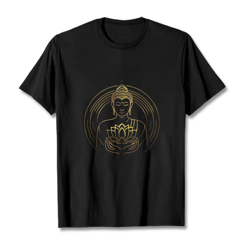 Buddha Stones Golden Buddha Holding A Lotus Flower Tee T-shirt
