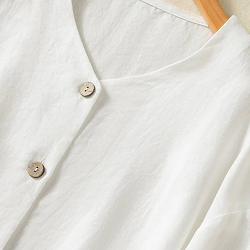 Buddha Stones Spring Plain Buttons Design V-Neck Long Sleeve Women's Cotton Linen Shirt
