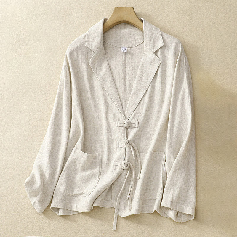 Buddha Stones Women's Cotton Linen Frog-Button Long Sleeve Jacket With Pockets
