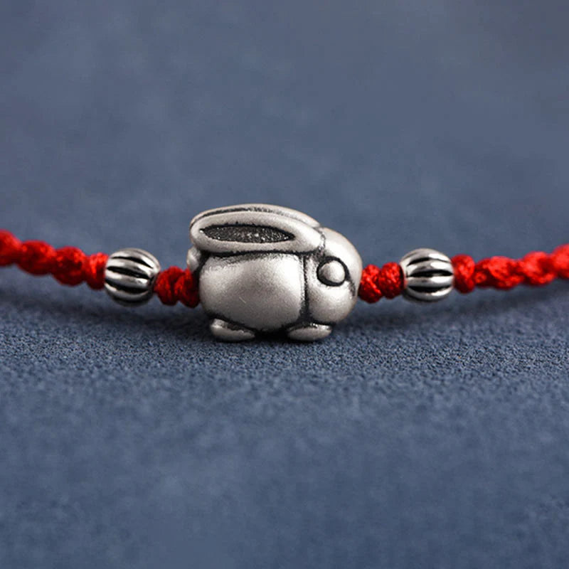 Buddha Stones Handmade 999 Sterling Silver Rabbit Luck Rope Bracelet Anklet