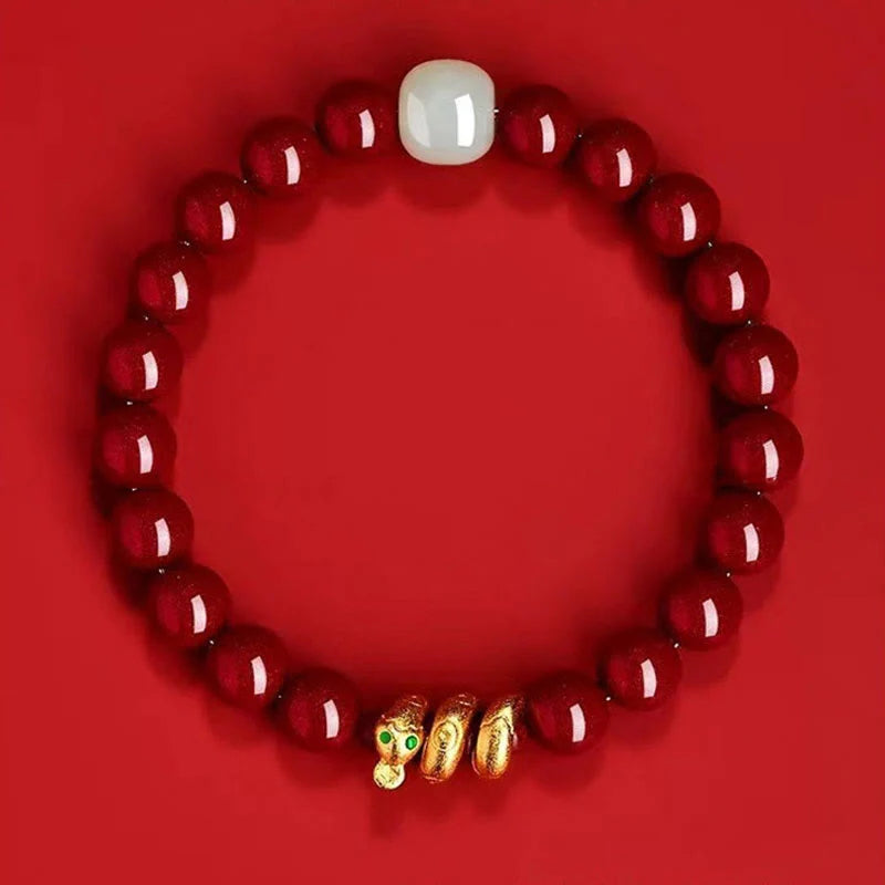 Buddha Stones Cinnabar Bead Hetian Jade Year Of The Snake Blessing Bracelet