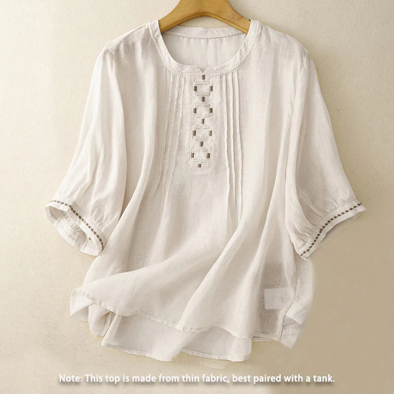 Buddha Stones Embroidery Crew Neck Pleats Women's Cotton Linen Half Sleeve T-shirt
