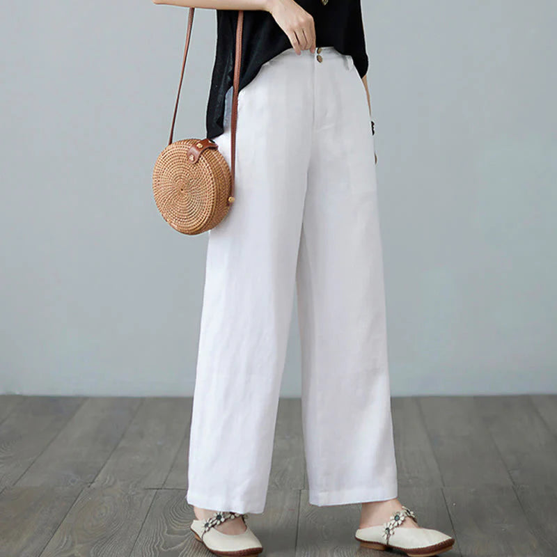 Buddha Stones Daily Solid Color Patchwork Simple Design Cotton Linen Women's Pants With Pockets