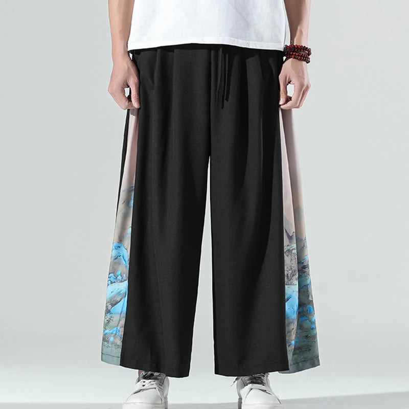 Buddha Stones Mountains Rivers Pattern Men's Wide Leg Pants With Pockets