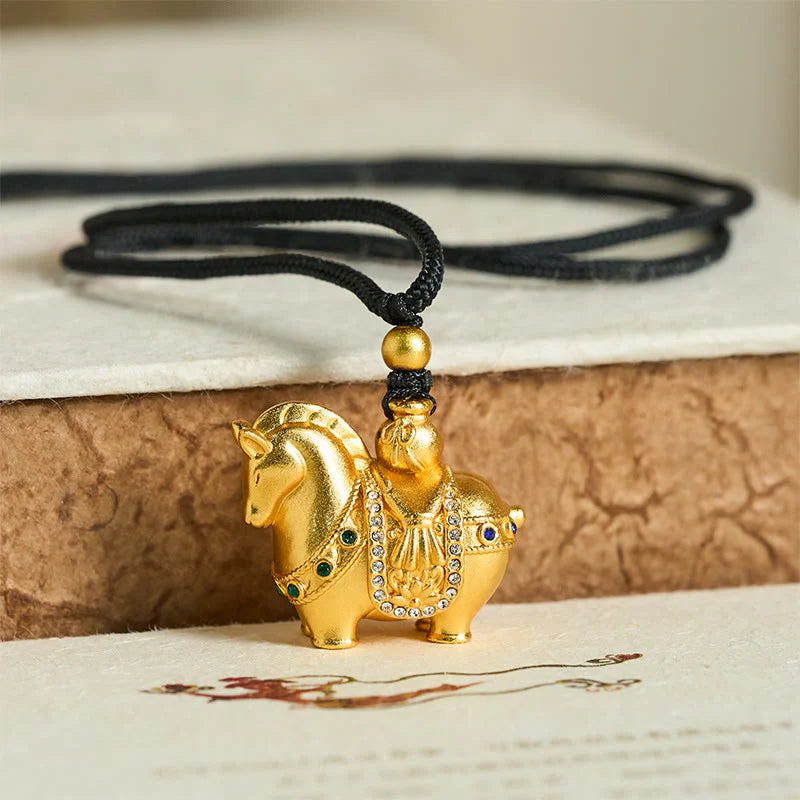 Buddha Stones Year Of The Horse 24k Gold Plated Brass Rope Cord Necklace Pendant