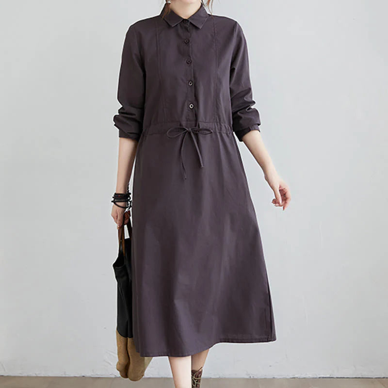 Buddha Stones Fall Solid Color Lace-Up Design Lapel Long Sleeve Cotton Midi Dress With Pockets
